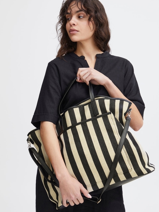 ICHI Handbags - Ichi Striped Canvas Tote Bag with Black Trim - Cream and Black